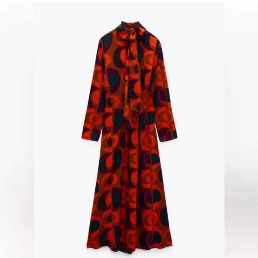 ZARA PRINT MIDI DRESS HIGH COLLAR SELF TIE - Picture 2 of 7
